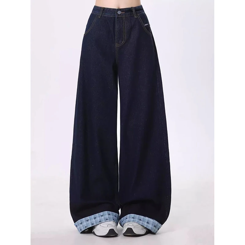 

Girls High Waisted Jeans Pants Lady Dark Blue Checkered Denim Pants Women Chic Patchwork Straight Leg Jeans Trousers