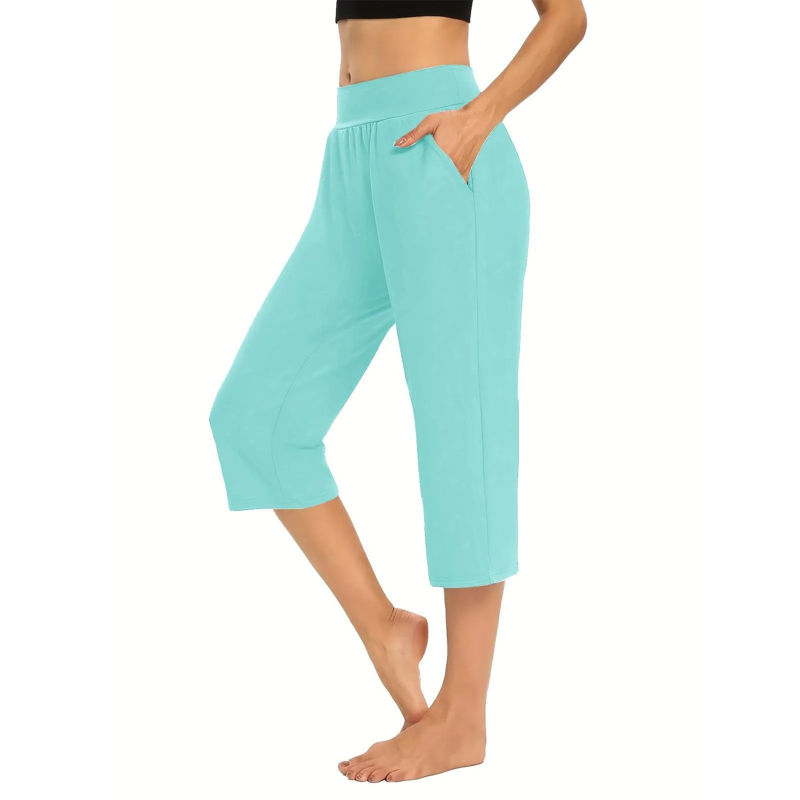 Pantalones elásticos de cintura alta para mujer, Capris deportivos informales, holgados, de Color liso, 3/4