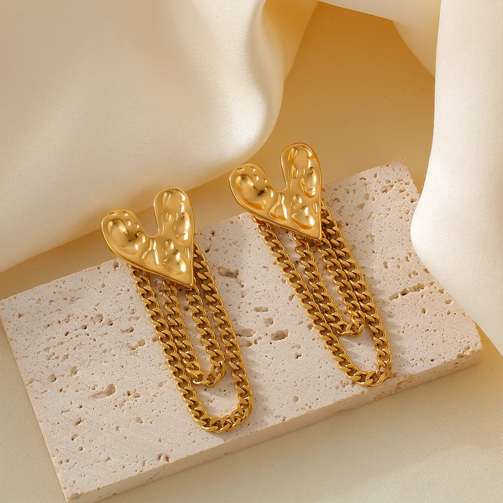 Orecchini a cuore in acciaio inossidabile per donna con catena nappa orecchio stud artista orecchini placcati oro 18 carati regali di gioielli di moda punk