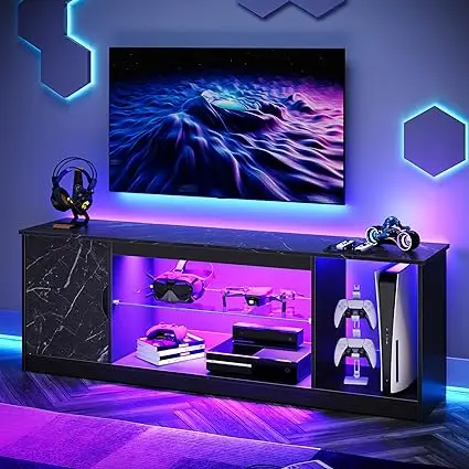 LED TV Stand for TV, Gaming Entertainment Center with Cabinet for PS5, Modern TV Cabinet with Adjustable Glass Shelves