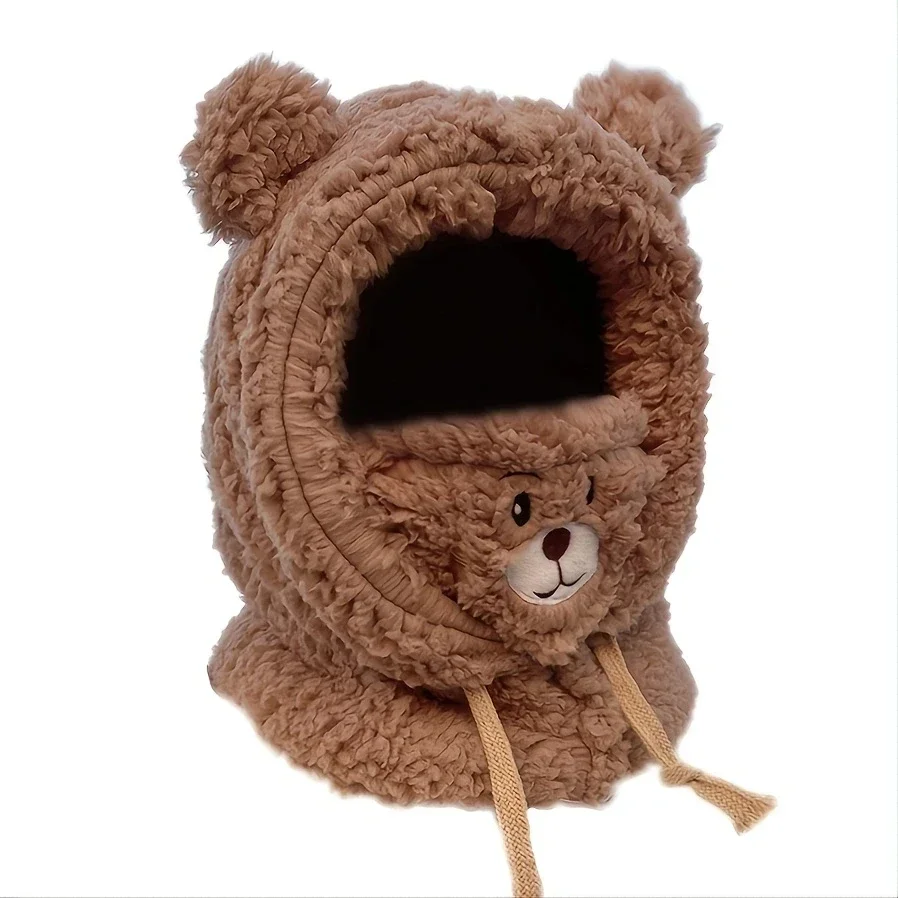 Warm 3-in-1 Knitted Hat Winter Cycling Windproof and Warm One Piece Plush Hat Cute Bear Ear Protection Mask Scarf Warm Hat