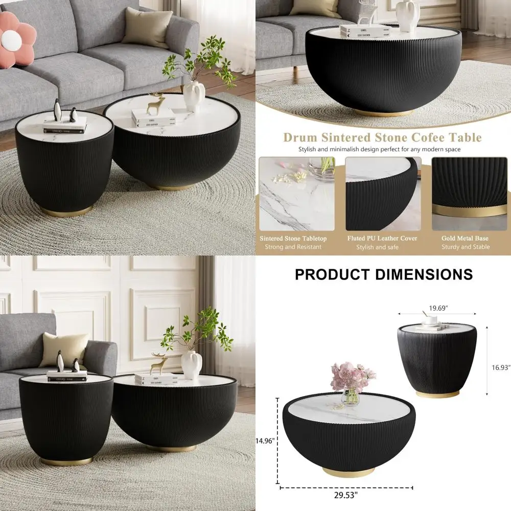 

круглый мраморный журнальный столик из 2 шт., современный журнальный и торцевой столик со столешницей из спеченного камня и кожаной металлической основой, круглый центр гнездования.