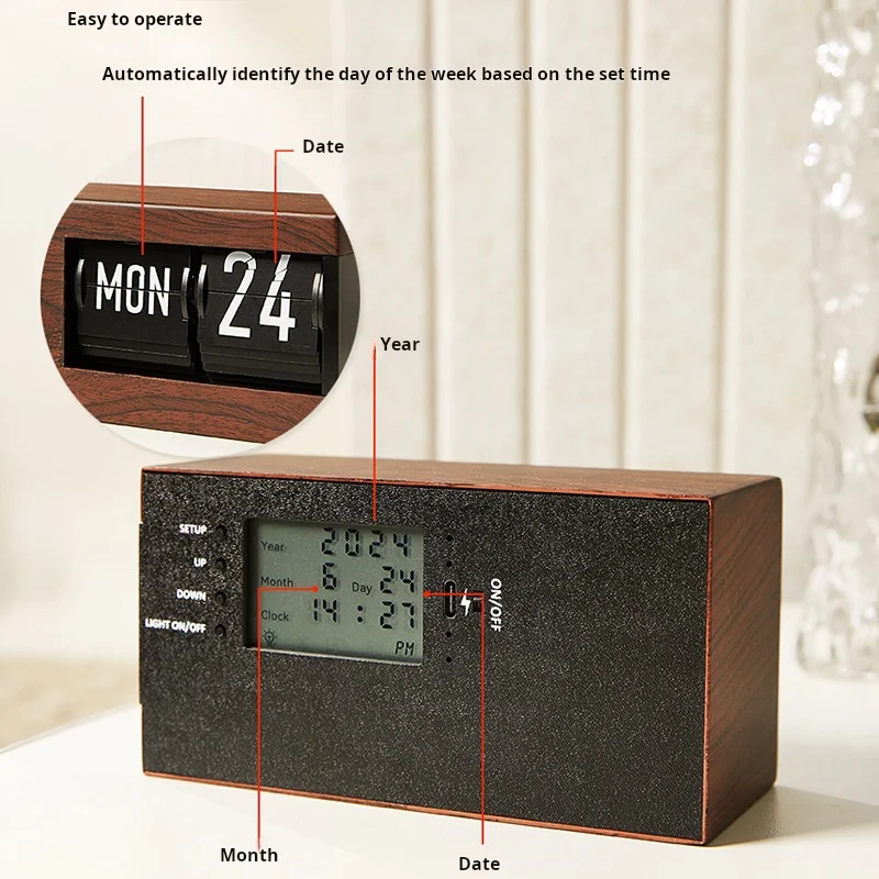 Tiktok Retro Desk Clock USB Charging Bedroom Bedside Decoration Calendar Automatic Page-Turning Digital Clock Simple
