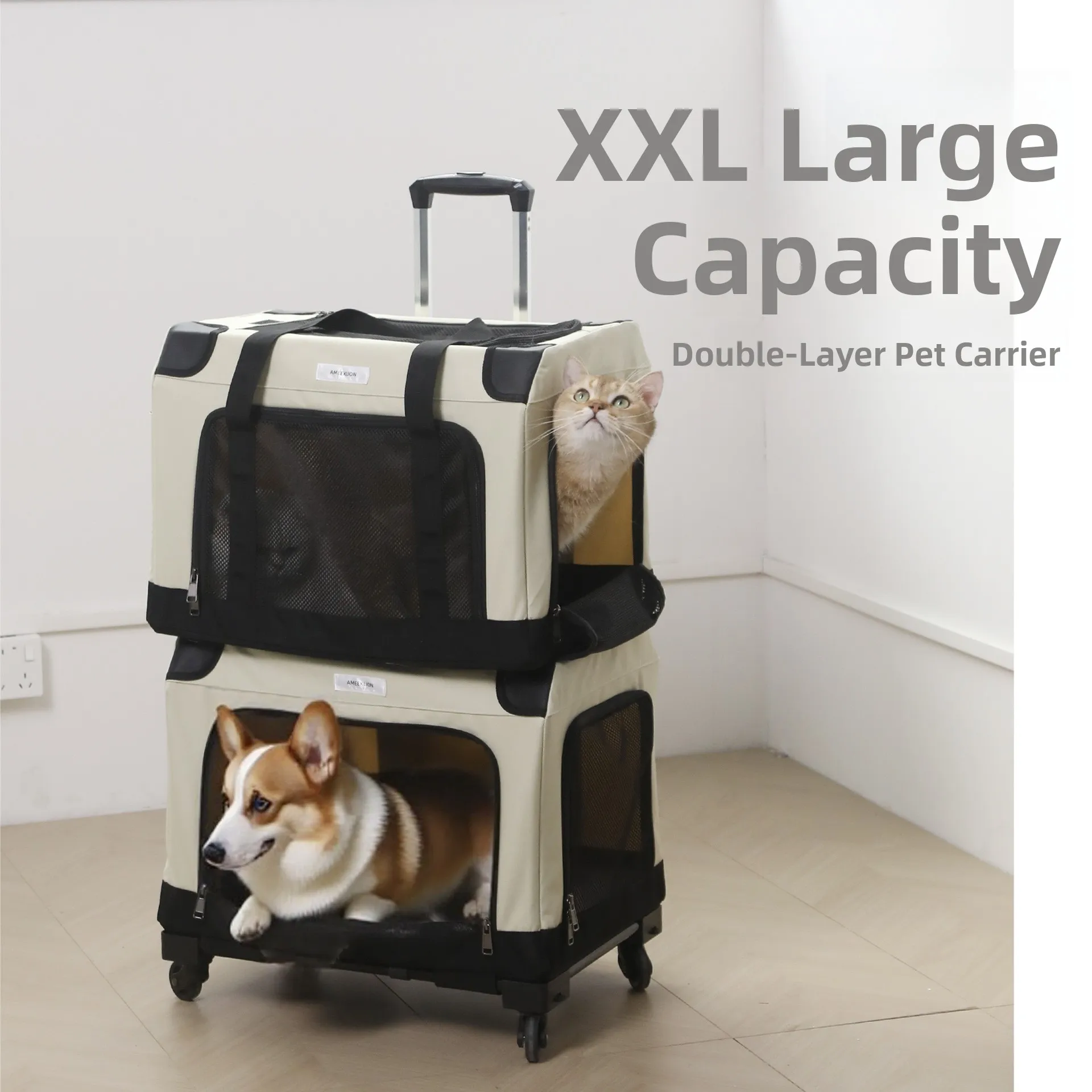 

Двухслойная портативная сумка-переноска для животных с выдвижной ручкой, большая вместимость, дышащая, складная, многофункциональная сумка для путешествий и прогулок