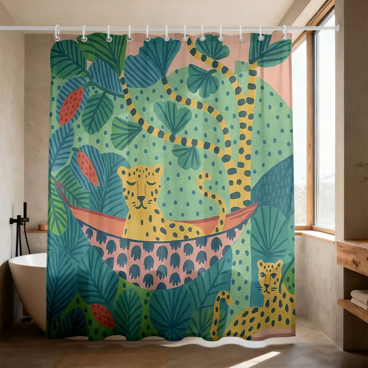 Cute Flat Illustration Style Leopards Tropical Rainforest Foliage Pattern Bath curtain Cozy Plush Bedspread Portable Blanket