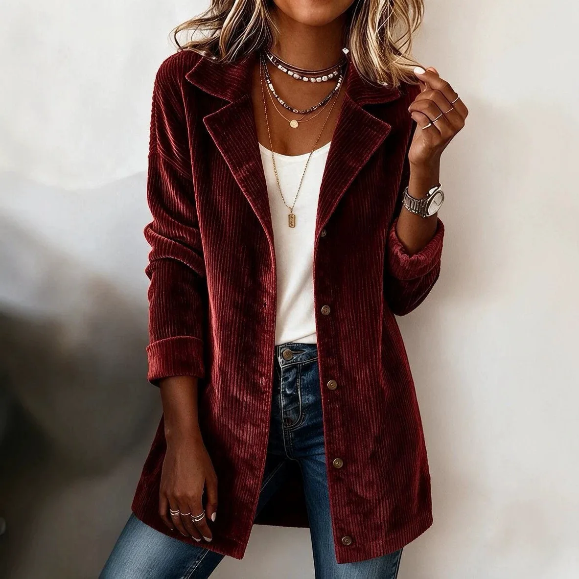Women Corduroy Shirt Jacket Lapel Long Sleeve Button Down Pocket Loose Casual Fall Shacket Coat