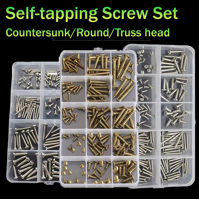 135pcs Self Wood Screws Set, M3.5 M4 Flat Head/Truss Head/Round Head Sheet Metal Screw, Self Screws Assortment Kit Fastener Sets