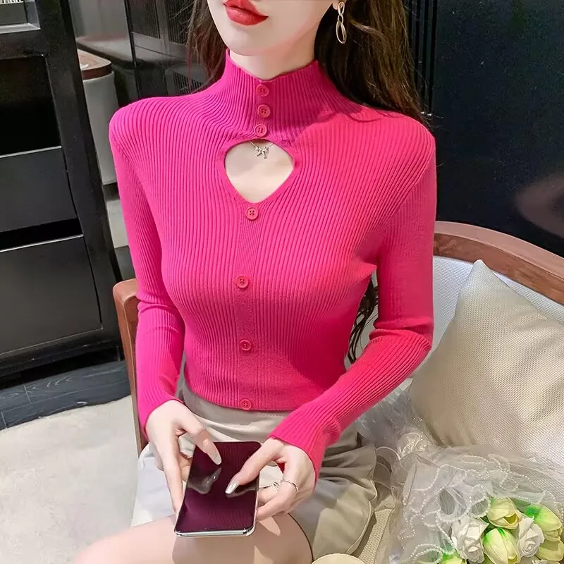 

2025 New Autumn Winter Women Turtleneck Sweater Button Hollowed-out Knitted Sweater Female Fashion Soft Blouse Bottom Shirt