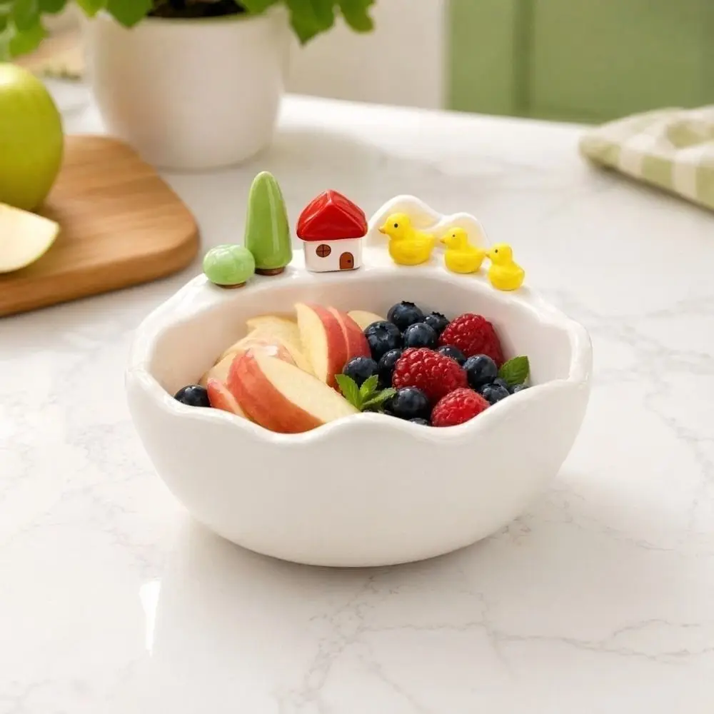 

Cartoon Fruit Bowl with Fork Decoration Ceramic Fruit Storage Tray Little Duck House Shape Large Capacity Fruit Serving Plate
