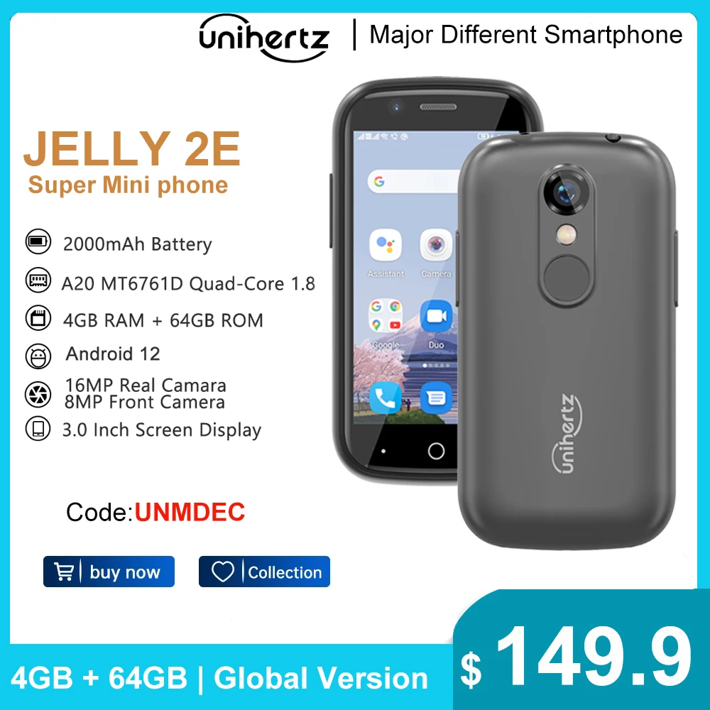 Unihertz Jelly 2E Mini Smartphone, Android 12, Unlocked Mobile Phone, 4GB, 64GB, 2000mAh, 16MP, 4G Spare Phone