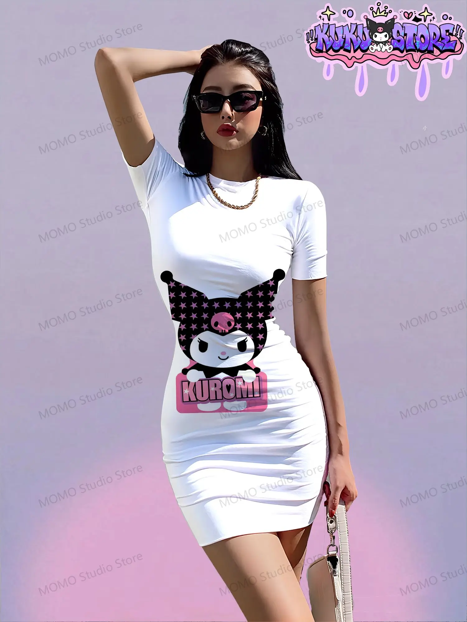 Robe d'été à manches courtes pour femmes, Kuromi Kawaii, Sanrio, robes pour jeunes filles, col rond, Y2k, mode, nouvelle collection élégante et Sexy, S-3XL, 2024