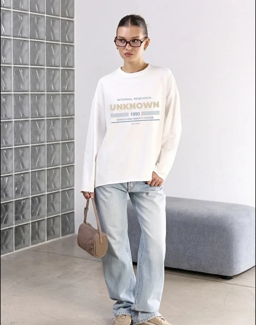 Loose Printed Long Sleeve T-Shirt Casual round Neck Sweatshirt Comfortable Cotton Top for Women Breathable Sweat Absorbent