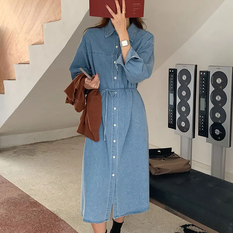 Women Denim Dress Autumn Vintage Turndown Collar Lace Up Long Sleeved Shirt Dress Single Breasted Loose A-line Long Dresses