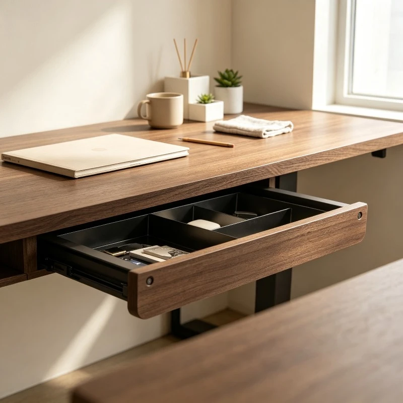 Black Walnut Under-desk Drawer, Invisible Storage Box for Lifting Computer Desk, Sturdy Wooden Tray Organizer with Slide Rails.