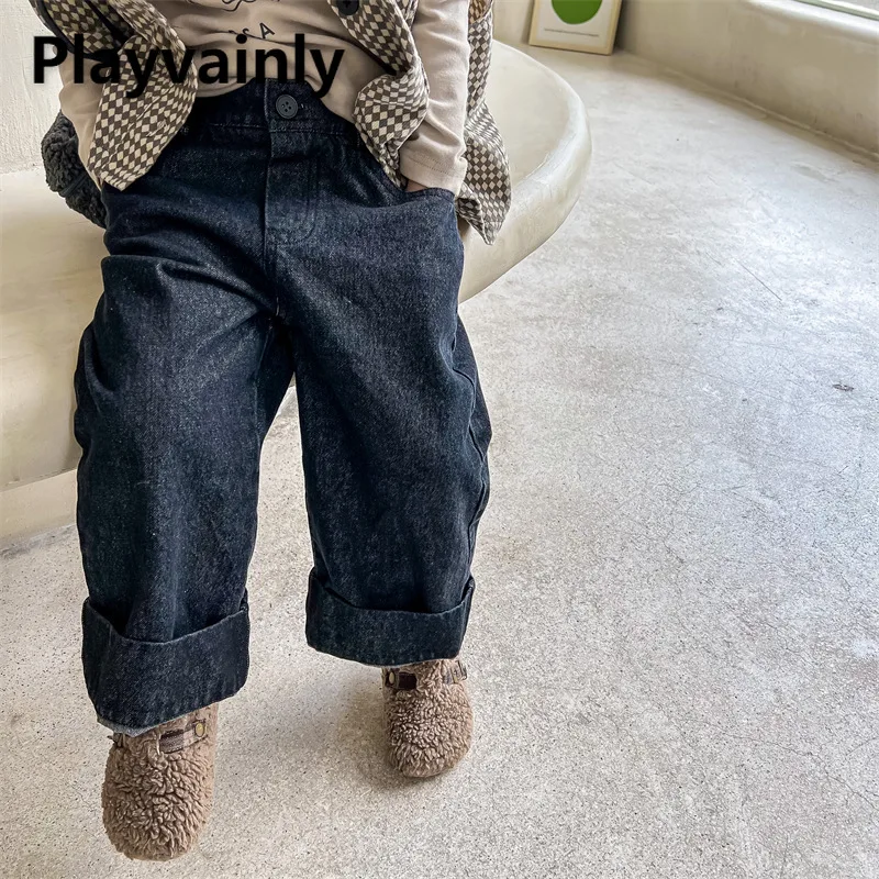 

Korean Style Girls Wide Leg Jeans for Spring and Autumn Black Blue Loose Straight Leg Pants Children Basic Denim Trousers A2597