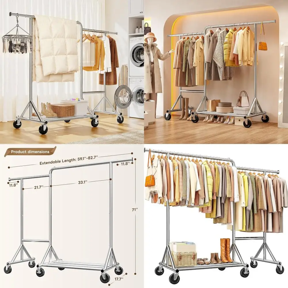 

Heavy-Duty Portable L-Shape Clothing Rack with Wheels, Adjustable and Durable, Holds 500lbs, 71H x 82.7W x 17.7D