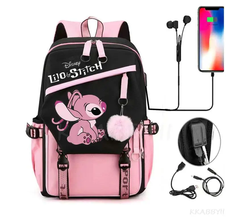 

Kawaii Backpack Multi Function Capacity School Bags For Teenagers Organizer USB Changing Women Cartoon Stitch Mochilas