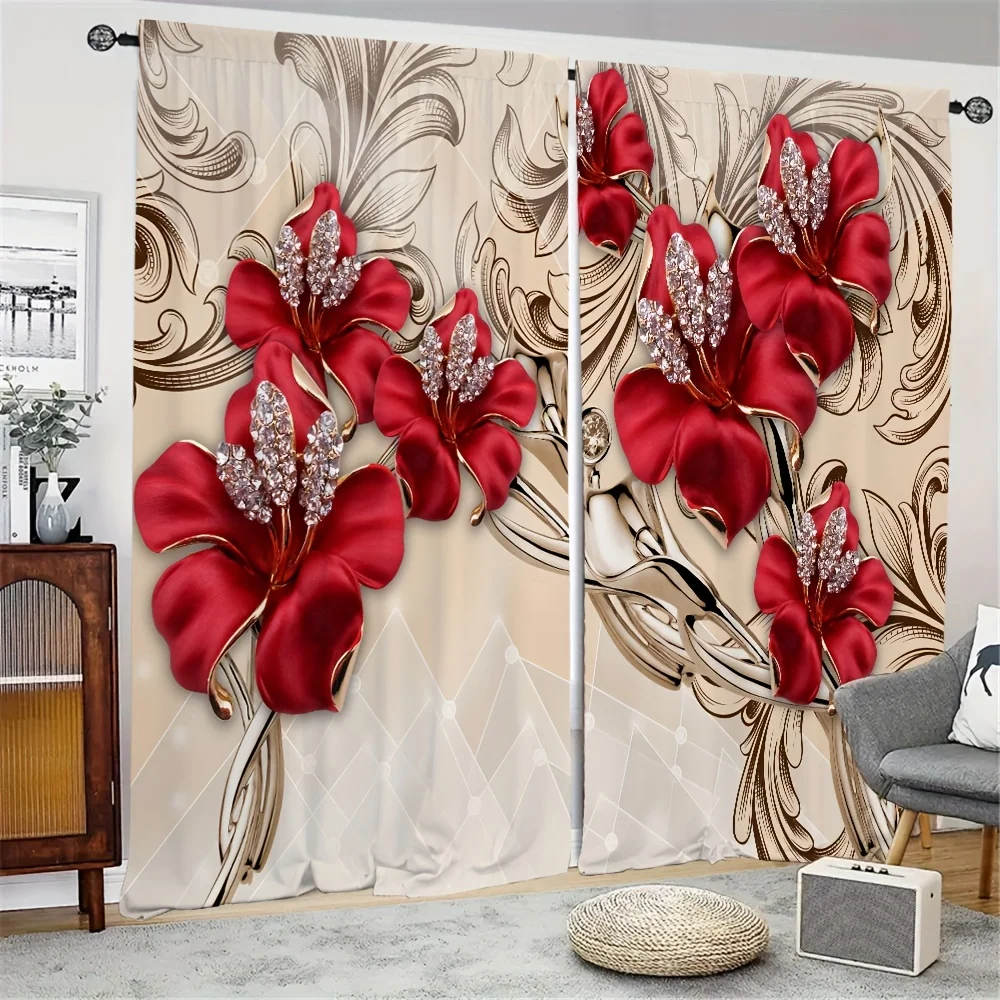 

2pcs Luxury Swan Red Golden Flower Pattern Printed Curtain Home Decor Rod Pocket Curtain For Bedroom Living Room Home Decor