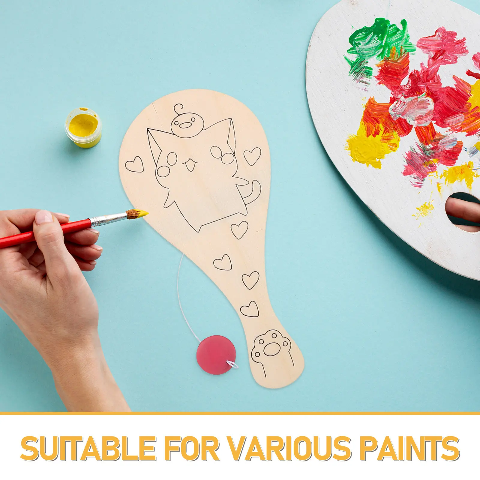 8Pcs Children Blank Paddle DIY Wooden Crafts Unfinished Table Tennis Racket Painting Coloring Board Kids Creative Art Family Fun