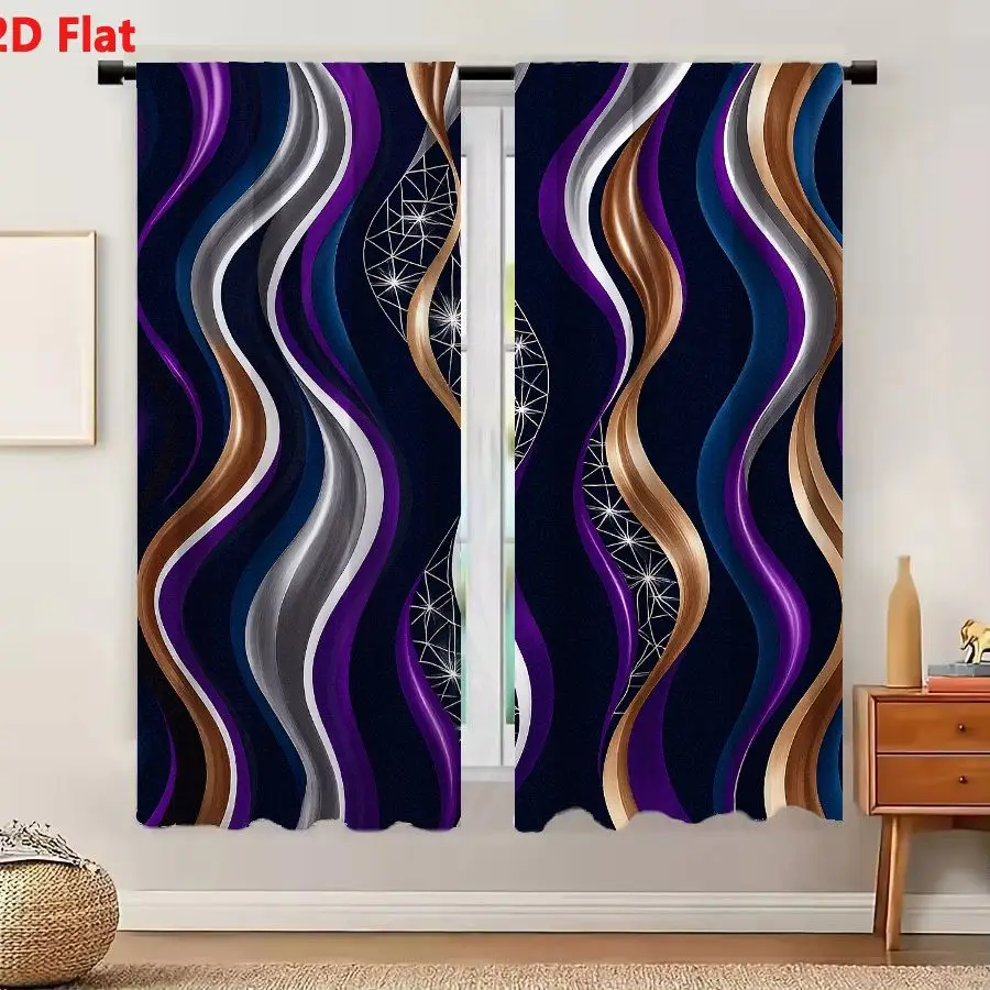 2Pcs Curtains 2D Flat Seamless Abstract Pattern With Wavy Metallic Ribbons In Purple Silver Bronze And Teal On Navy Blue Backgro