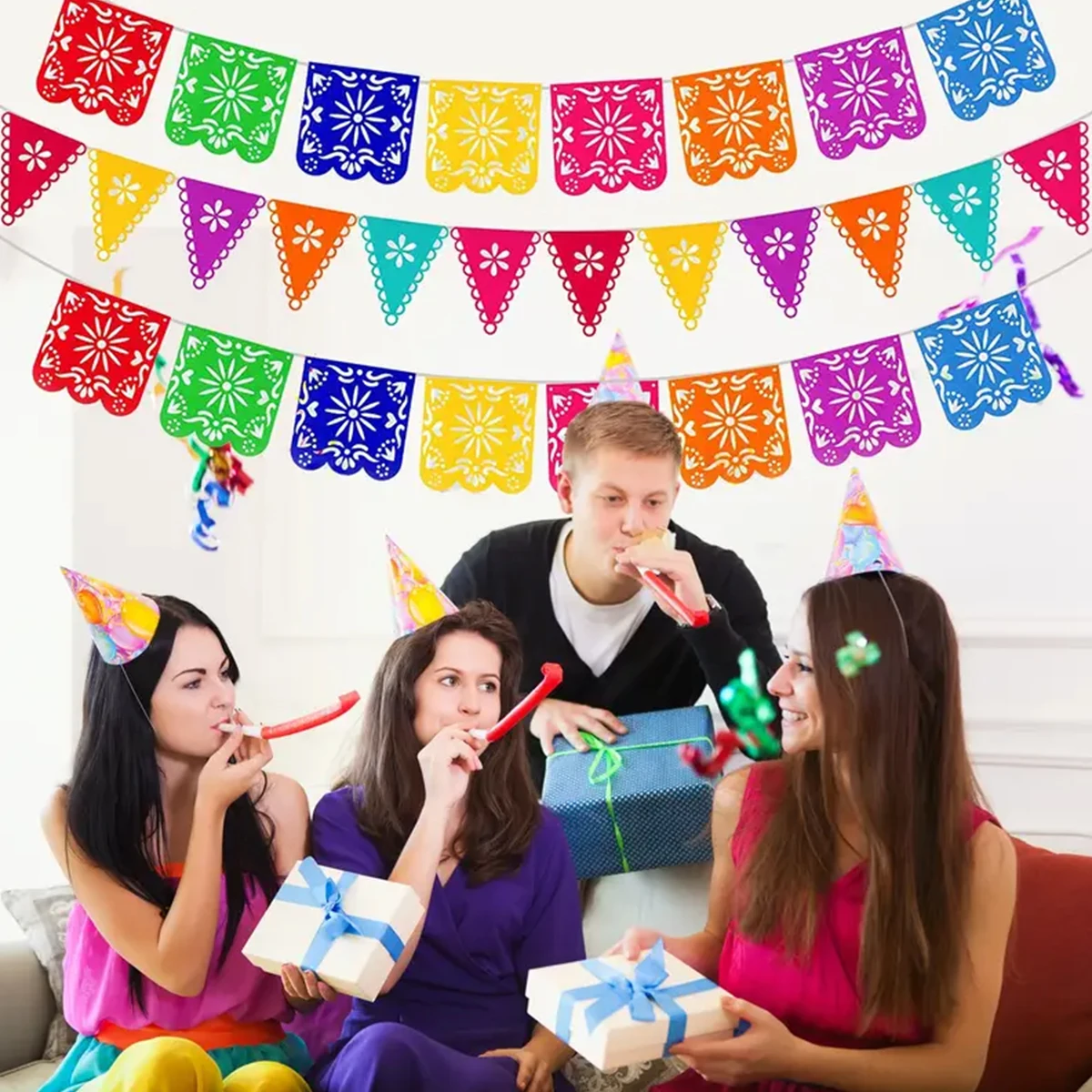 Mexican Theme Party Favors Decoration Pattern Square Banner Decorated Paper Flags Day of The Dead Banner Birthday Decoration