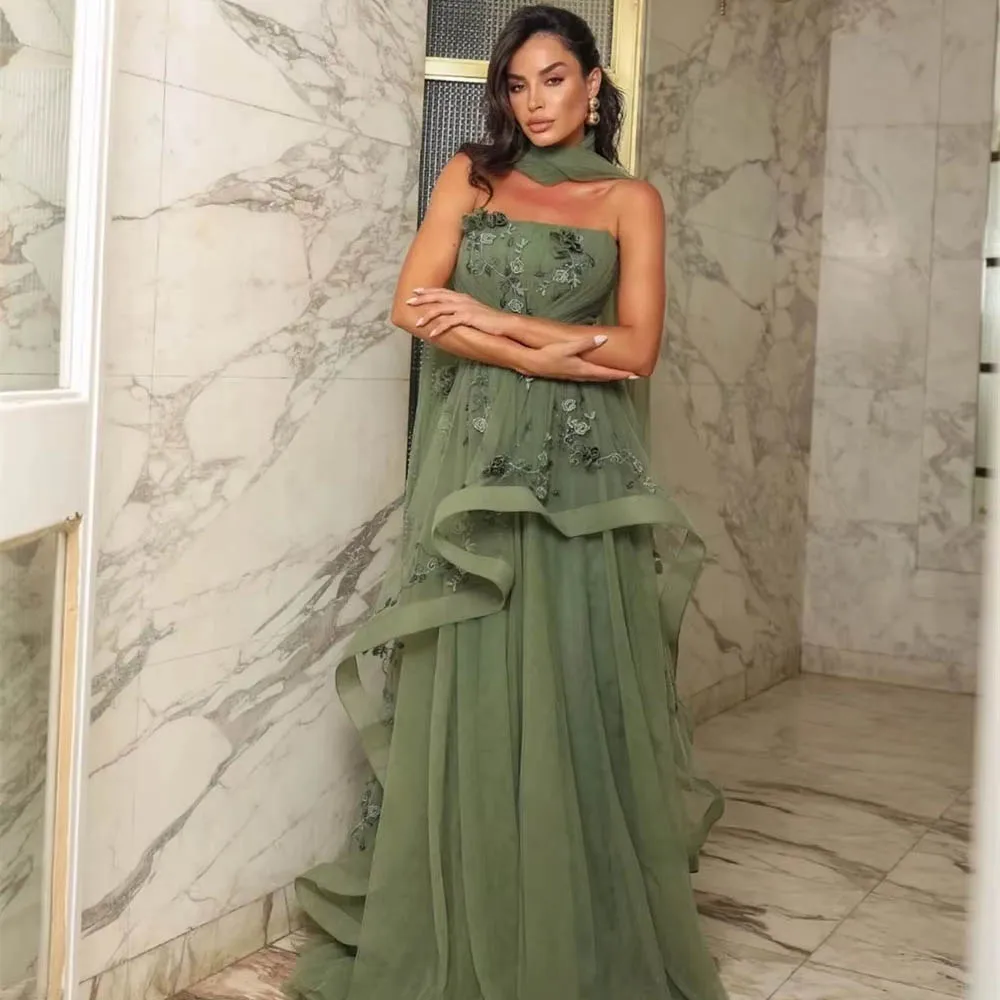 Robes de bal en Tulle à imprimé Floral personnalisées, avec écharpe, sans bretelles, robes de soirée formelles personnalisées, longueur au sol