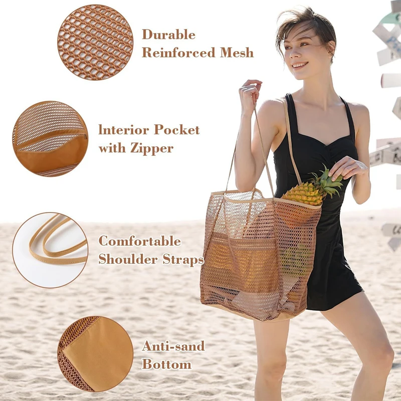 Portable Large Capacity Beach Bag Folding Business Travel Storage Bag Women Summer Outdoor Mezzanine Mesh Handbag