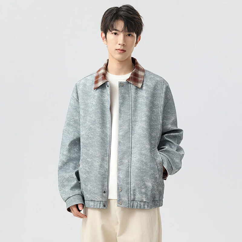 

Men's Denim-Textured Leather Harrington Jacket with Plaid Lining - Casual Streetwear Outerwear