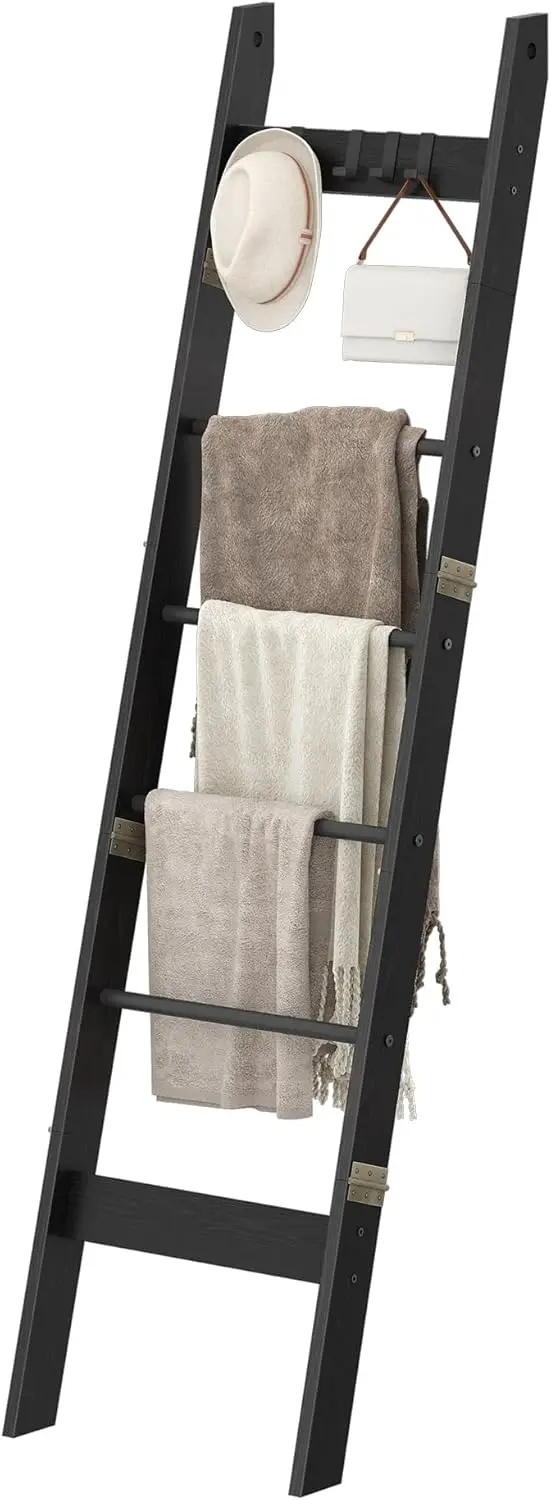 

Decorative Wood Quilt Rack with 4 Removable Hooks, 6-Tier Farmhouse Ladder Holder Organizer for Bedroom, Black BR31504B