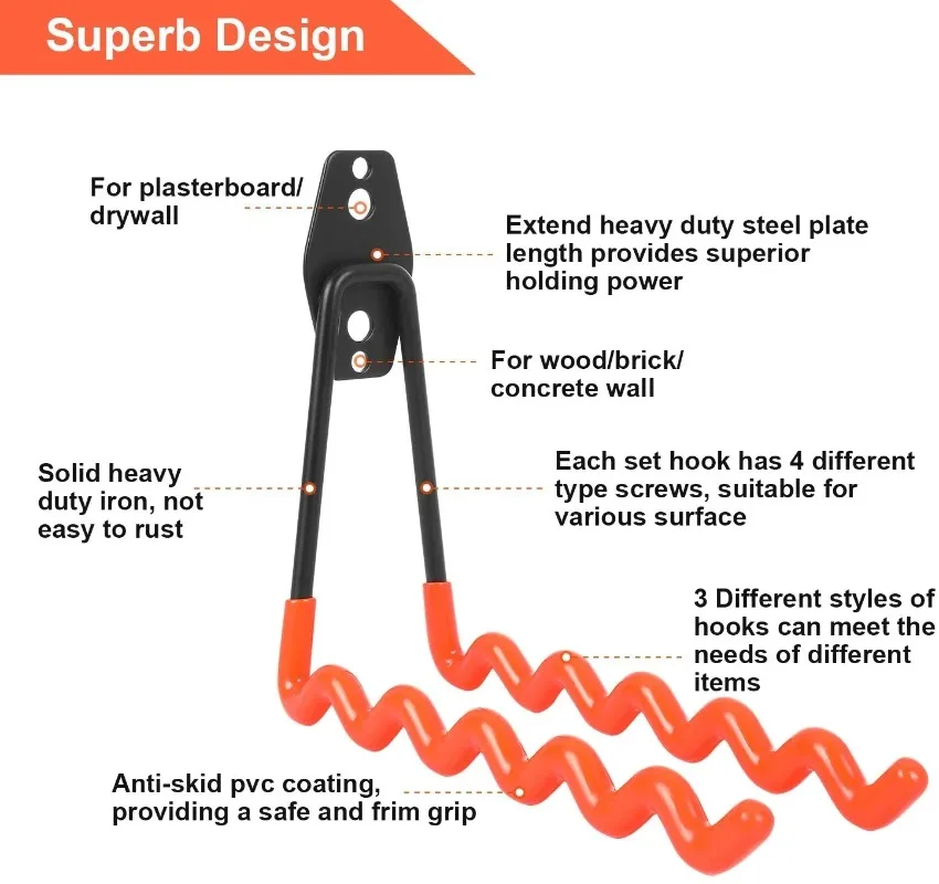 Heavy Duty Metal Hook Garage Organizer Wall Mount Bicycle Hanger Hooks Wall Mount Anti-slip Storage Hook for Ladders Garden Tool