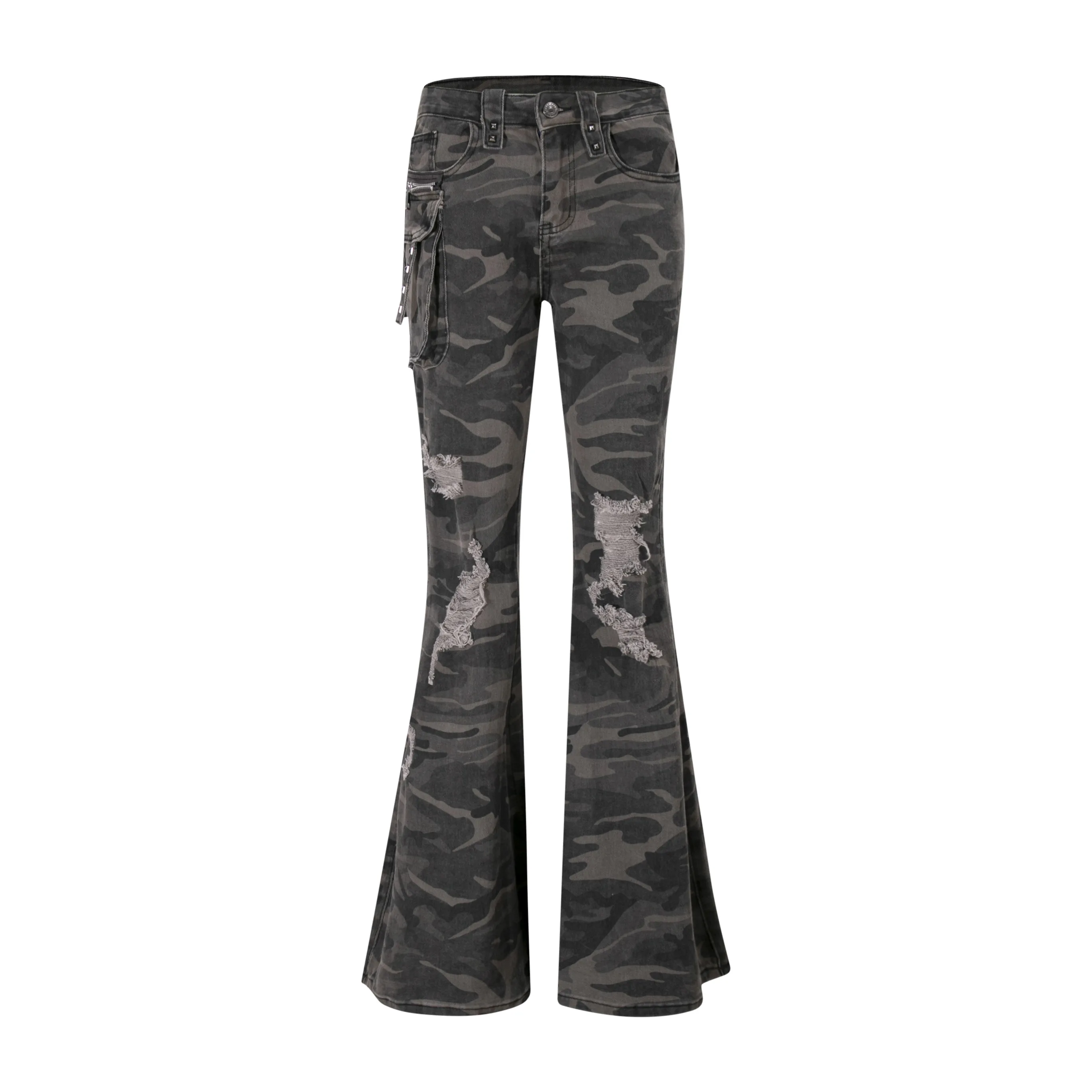 

Женские винтажные камуфляжные рваные джинсы с низкой посадкой в стиле Харадзюку, джинсовые брюки-клеш, уличная одежда, Y2k, Kpop, брюки в стиле гранж