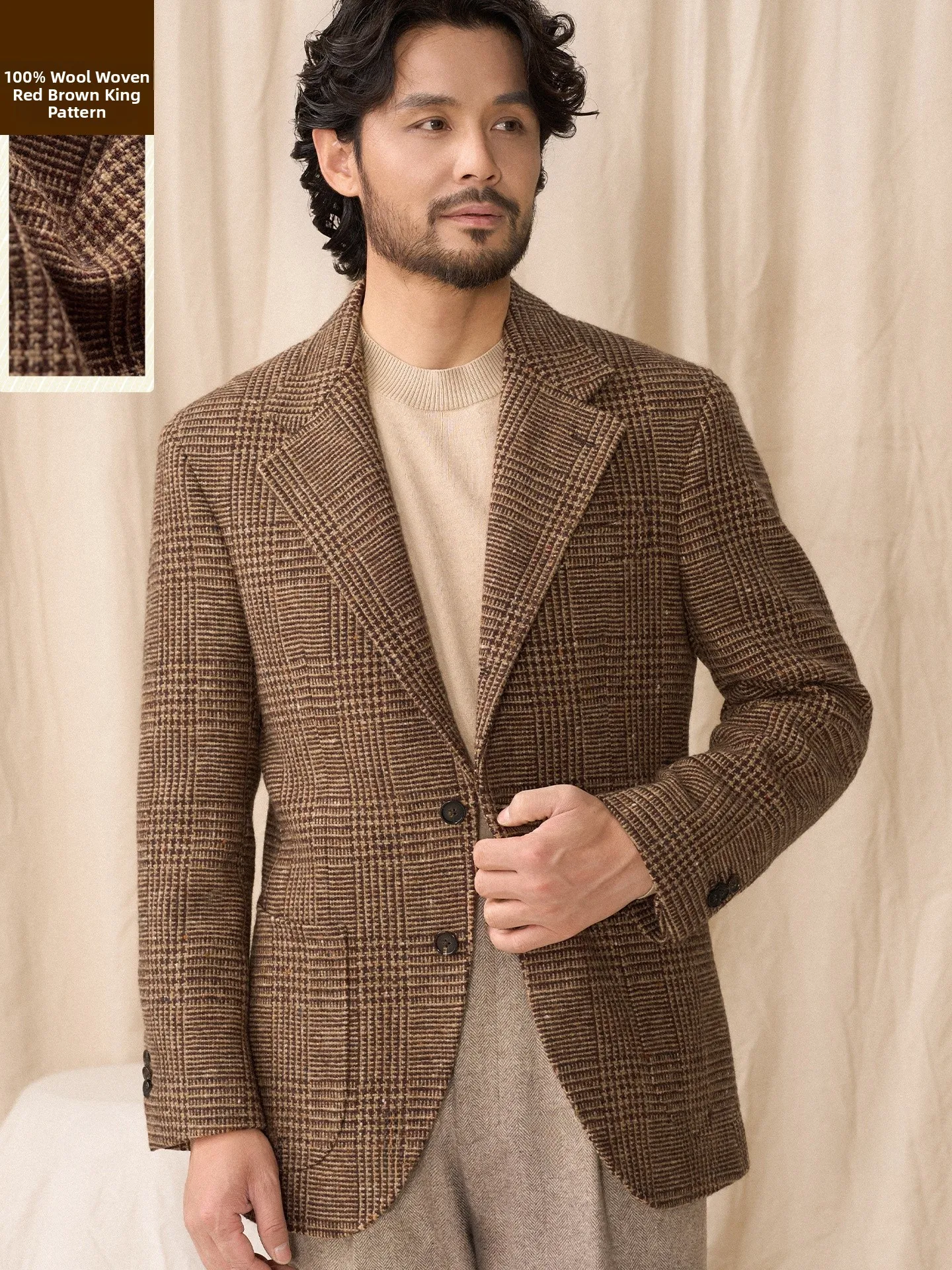 

CULTUM Italian Neapolitan 100 Wool Men's Casual Prince of Wales Checkered Suit Jacket for Autumn Winter Business Casual