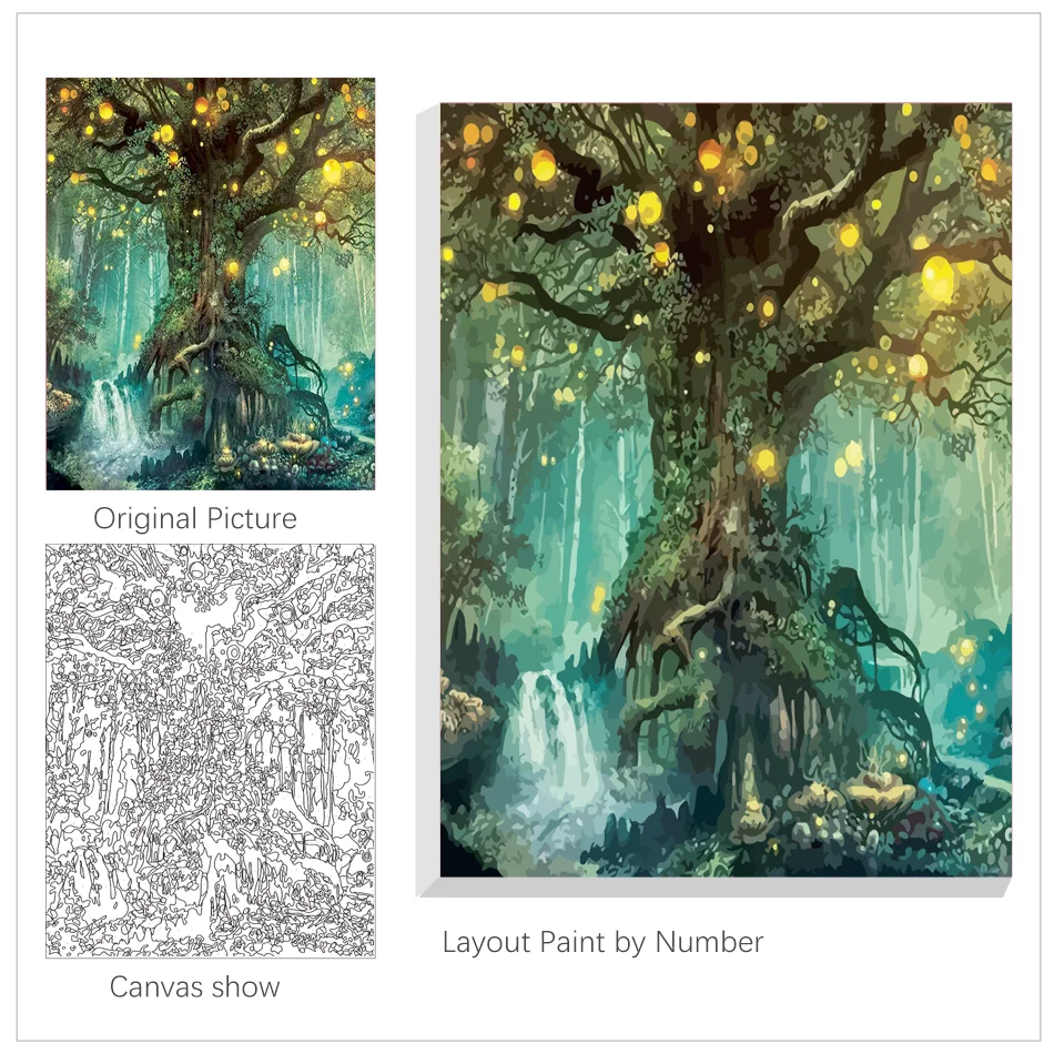 数字による油絵,魔法の森の木,アンティークの木,抽象的な絵画,芸術的な