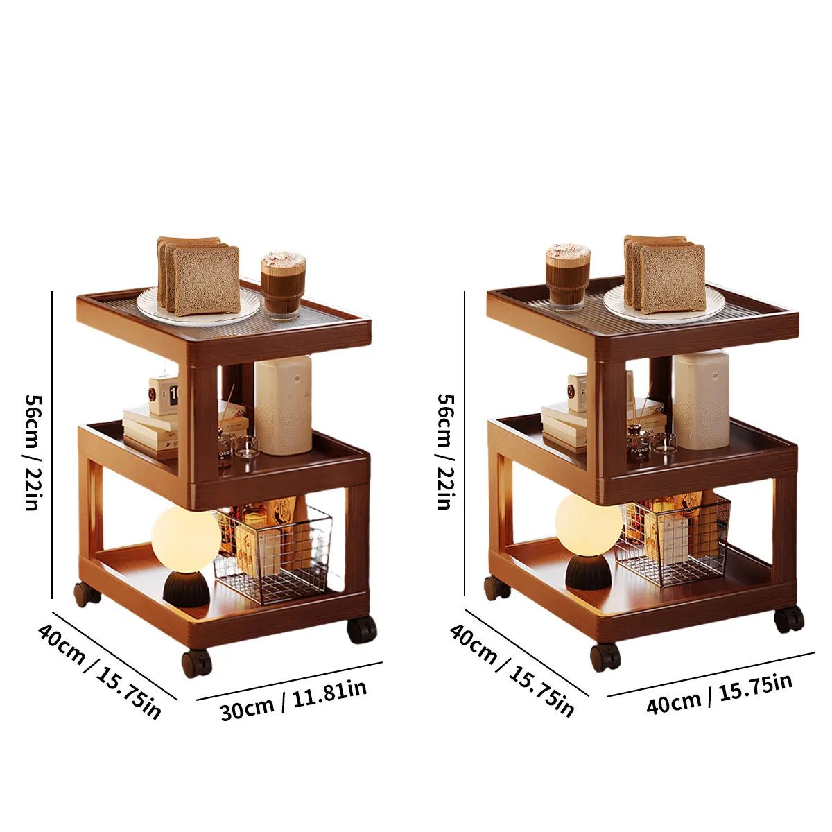 Geometric 3-Tier Bamboo Storage Side Table with Acrylic Surface & Wheels, Tea Brown Living Bedroom Furniture image 2
