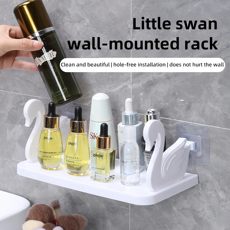 Bathroom Swan Shelf Organizer No Drilling Cartoon Cosmetic Storage Racks Kitchen And Toilet Hanging Rack Holder