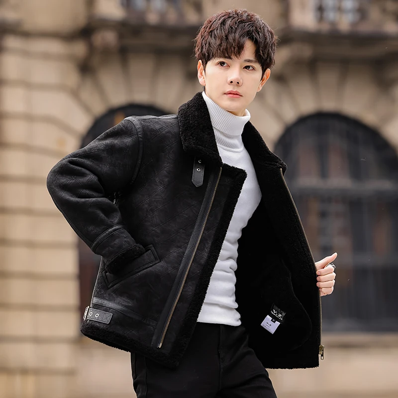 Thickened Fleece Lined Suede Biker Jacket Men's Winter Warm Plaid Color Leather Fur Integrated Fashion High Zipper Motorcycle...