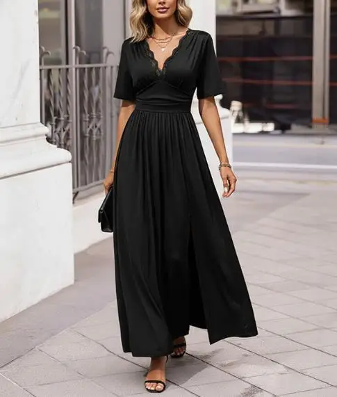 

Slimming Women's Dress 2026 Summer New Lace Patchwork V-Neck High Waist Slit A-Line Short Sleeved Dress Suitable for Dating