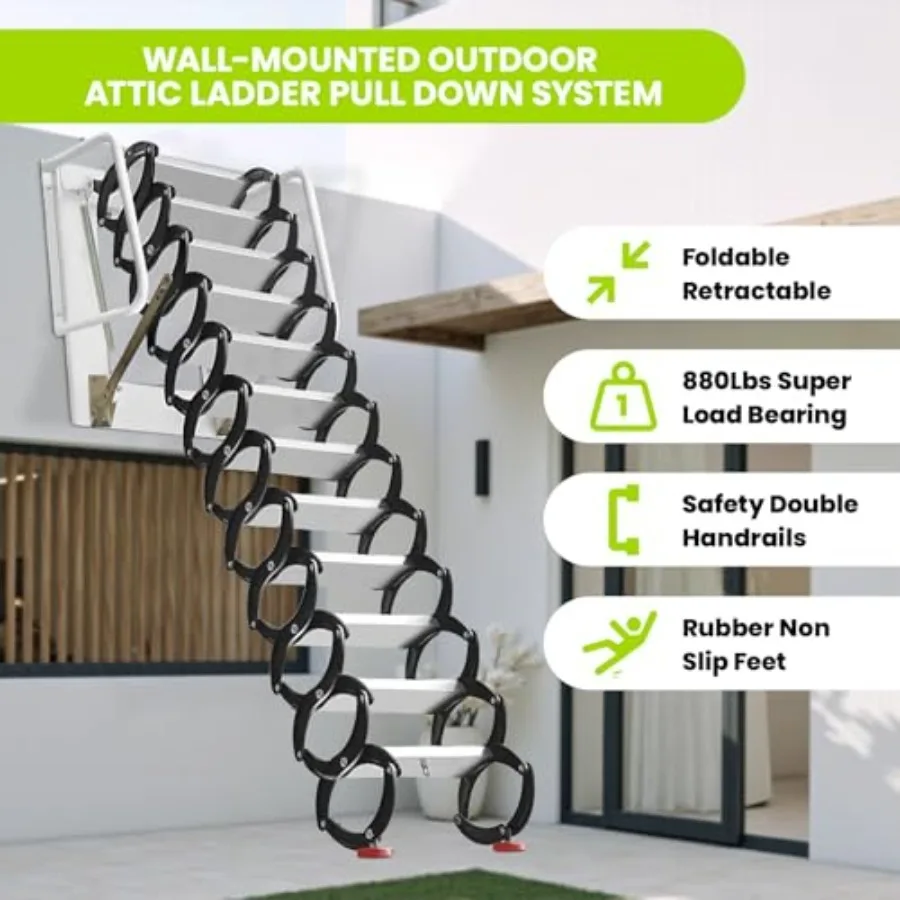 

10FT Pull Down Attic Stairs, 12 Step Aluminum-Magnesium Alloy Loft Wall Mounted Stairs, Telescopic Fold Ladder 27.5 x 23.6 Inch