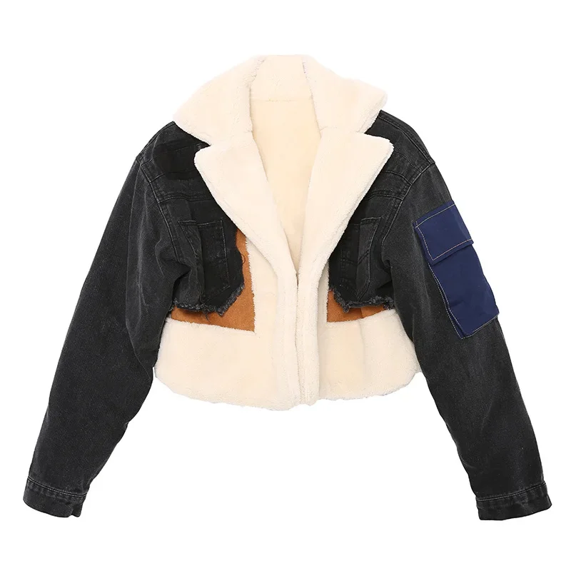 

2026 Women Padded Jacket Denim Splicing Jacket Winter New Lamb's Wool Liner Thickened Short Section Biker Jacket Cotton Jacket