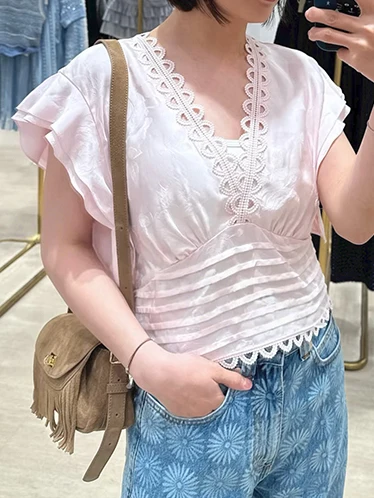 Summer 2026 Women's French Style Loose Fit Shirt V-Neck Gathered Waist Double Layered Sleeve Back Strap Short Sleeve Cotton B...