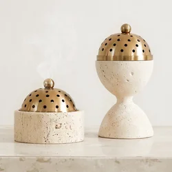 Travertine Stone Mabkhara Burner Luxury Oud Mubkhar Censer Natural Marble Incense Bakhoor Burner with Brass Cover
