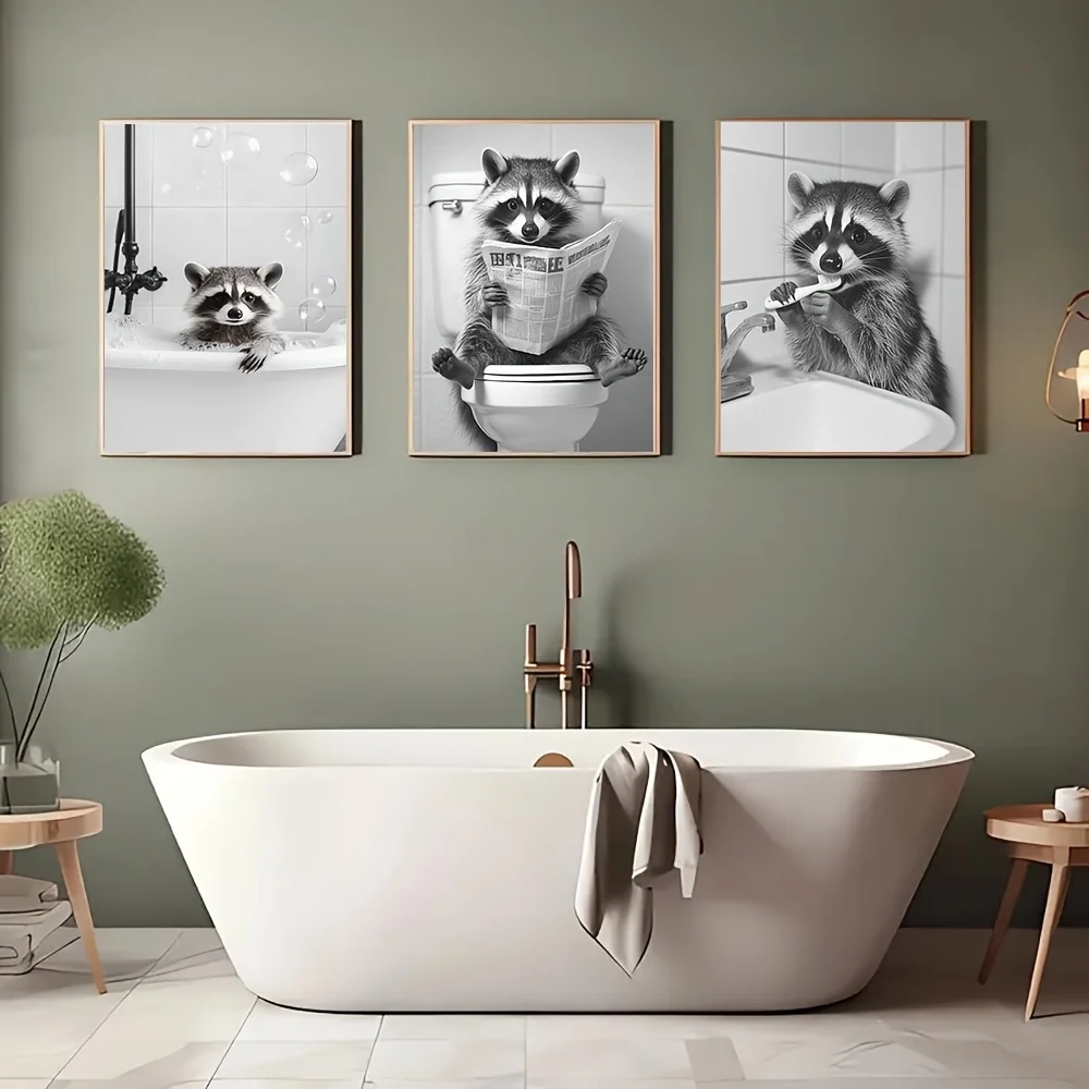 3-teiliges Set Humorvolle Toiletten-Waschbär Badezimmer-Kunst Leinwanddruck Niedliche Schwarz-Weiß Tier-Wandkunst Poster für Moderne Heimdekoration