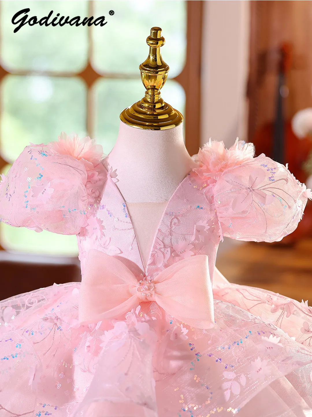 Baby Girls Pink High End Luxury Birthday Party Princess Dress Kids Heavy 3D Floral Embroidery Puff Sleeve V-neck Mesh Ball Gown