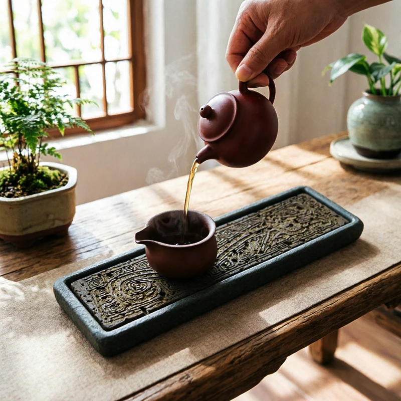 Dragon Totem Tea Tray 38x12cm Natural Black Basalt Handcarved Kung Fu Tea Ceremony Oriental Zen Art Home Office Decor