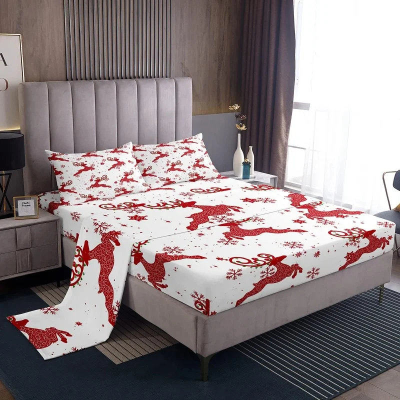 

Christmas Queen Cute Reindeer Bedding Set in Red, White, and Green, Home Room Decoration Bedding Set with 2 Pillowcases