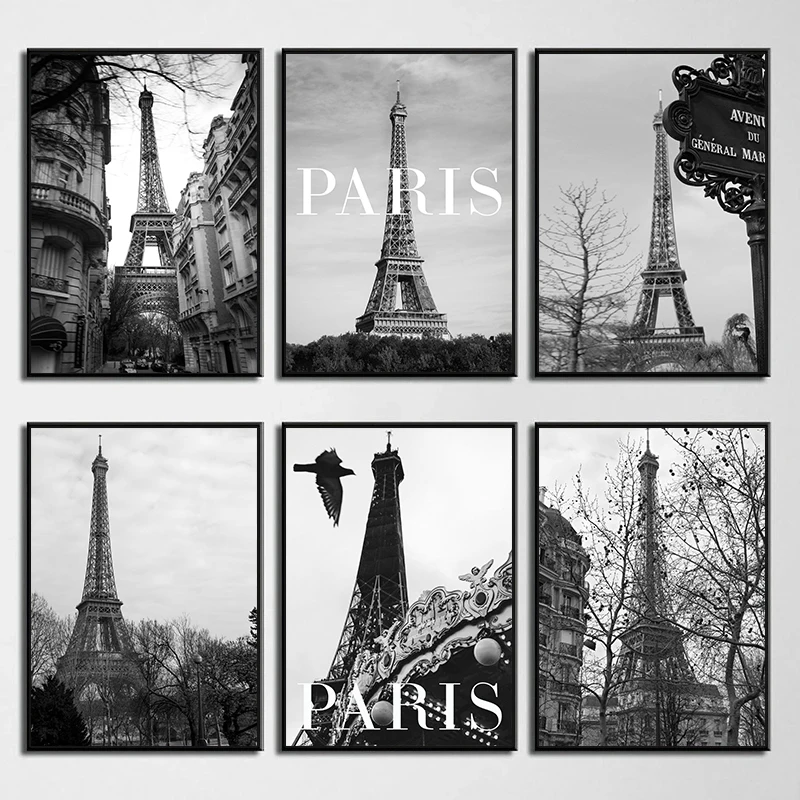 Eiffel Tower Black White Poster France Paris Travel Landscape Canvas Painting Print Wall Art Pictures for Living Room Home De