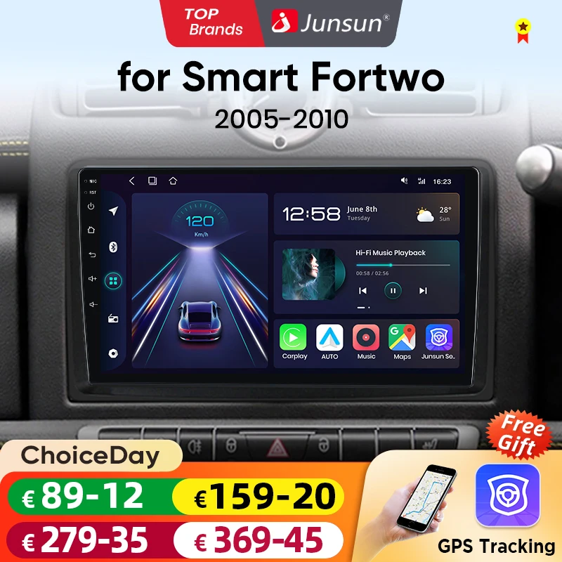 Junsun Android 14 Autoradio für Mercedes Benz Smart Fortwo 451 2005–2010 Stereo für Apple Wireless CarPlay Multimedia GPS FM RDS 4G