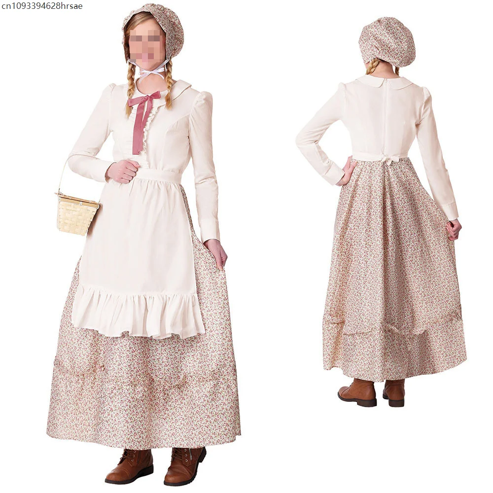 

Medieval Prairie Pioneer Costume Women Dress with Hat Colonial Village Auntie Floral Apron Dress Halloween Party Outfits
