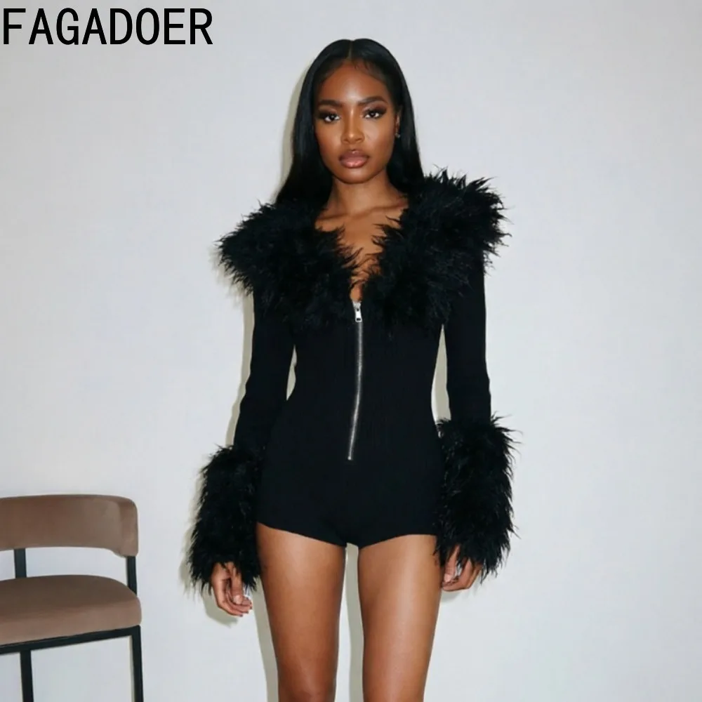 FAGADOER Women Zip Up Faux Fur Trim Romper Long Sleeve Bodycon Short Jumpsuit Slim Fit Sexy Y2K Winter Clubwear One Piece Outfit