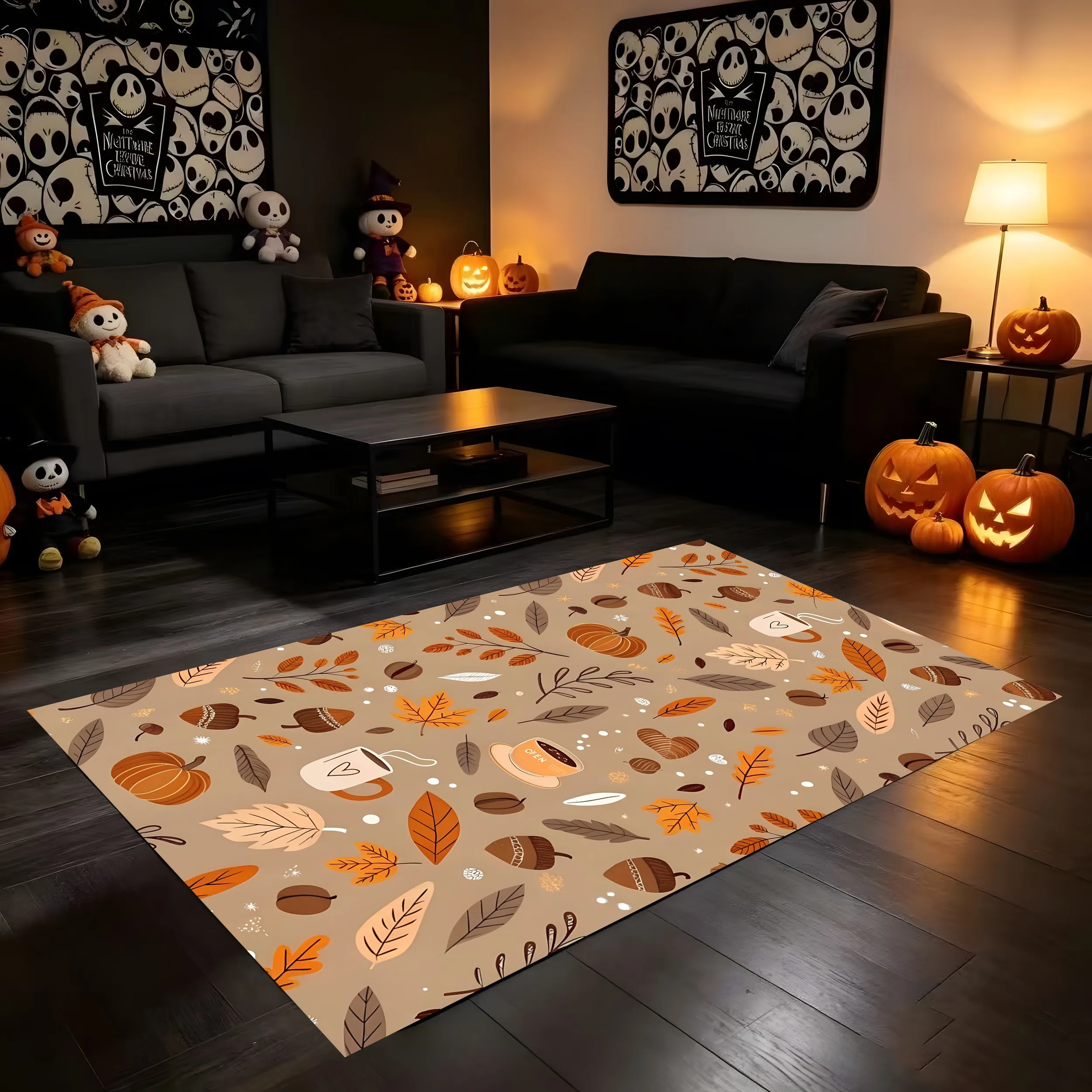 2D Carpet Autumn Leaves Pumpkin Hot Drink Design Soothing Cute Warm Gentle Style Perfect Cozy Thanksgiving Autumn Atmosphere Hal